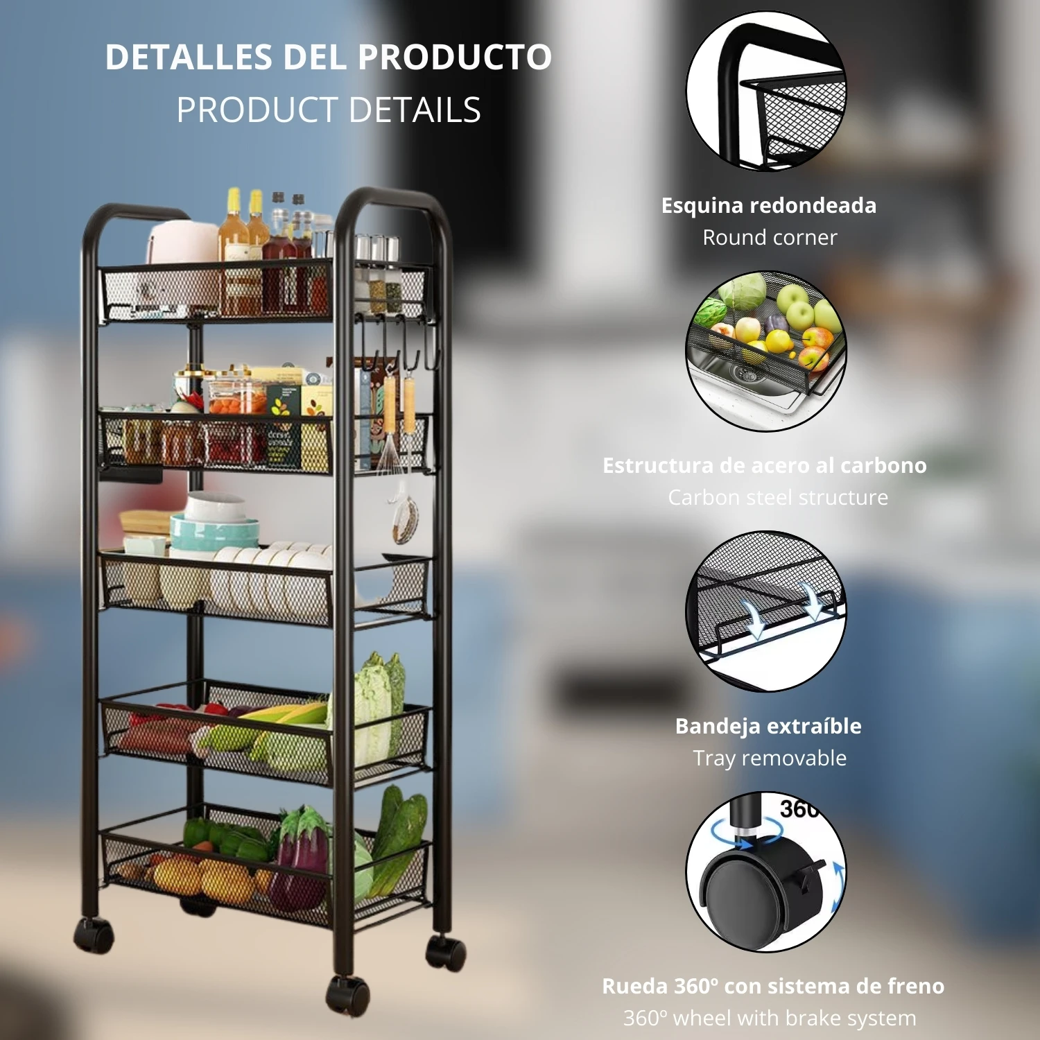 JUICYGOODS Multi-tier Storage Trolley, Metal Organizer with Wheels, Compact Mobile Auxiliary Cart, Greengrocer, Fruit Grow, Multi-purpose for Kitchen