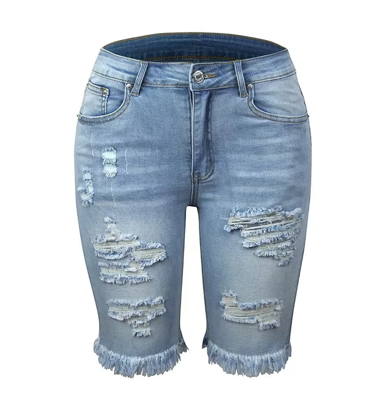 Women's Summer Comfortable High Elasticity Frayed Hole Breathable Mid-Length Jeans Casual Fashion Trousers