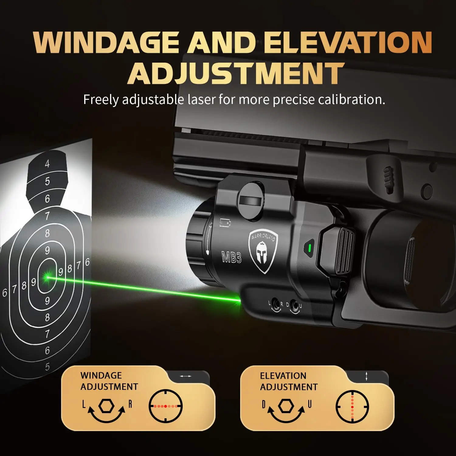 مناسب لـ G17 /G19 /P365 /G3C/G2C/M&P 9 /Hellcat Pro/1911,500-Lumen ضوء السكك الحديدية، ضوء مدمج المثبت، الضوء الأخضر