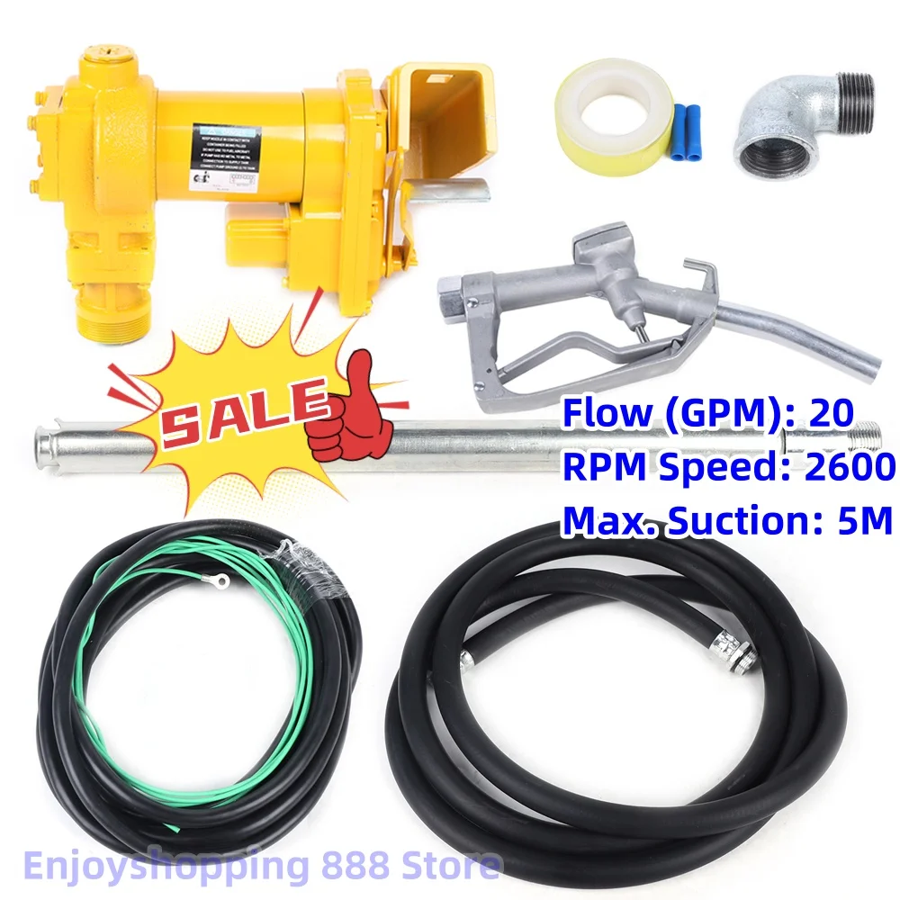 12V DC Portable Fuel Transfer Pump Gasoline Transfer Pump with Hose & Nozzle 20GPM