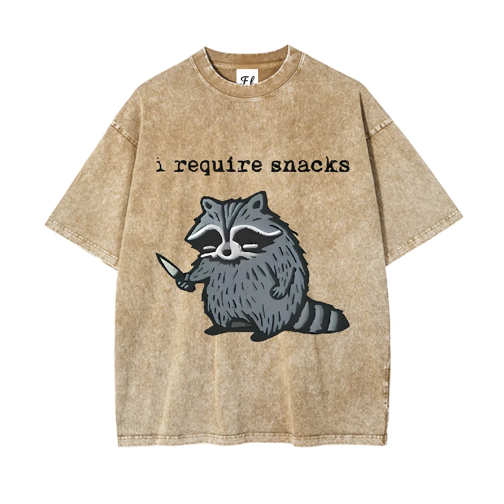 Cartoon Raccoon Printed Casual Cotton T Shirt I Require Snacks Graphic Tee for Men Women Trendy Loose Fit Short Sleeve Top Daily
