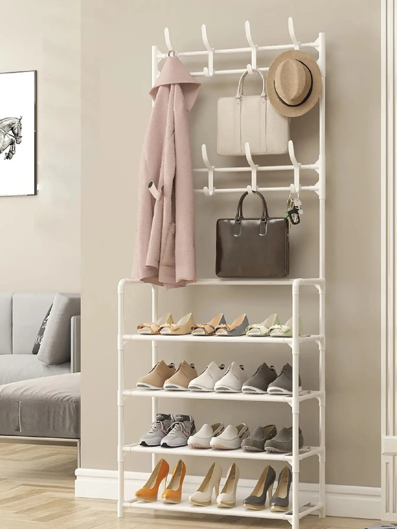 Multifunctional Shoe and Hat Rack, Freestanding Coat Rack with Storage for Home