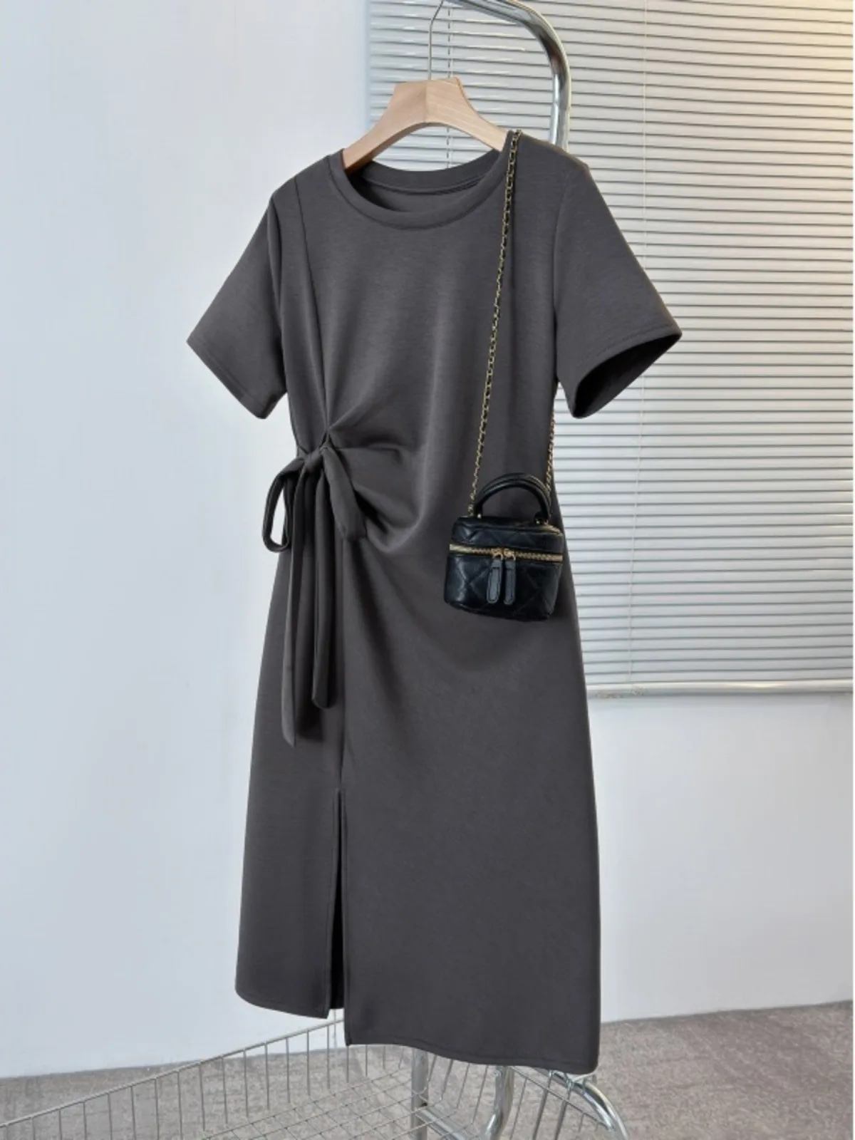 

Design sense gray casual dress new summer style waist cover belly slim medium long T-shirt dress