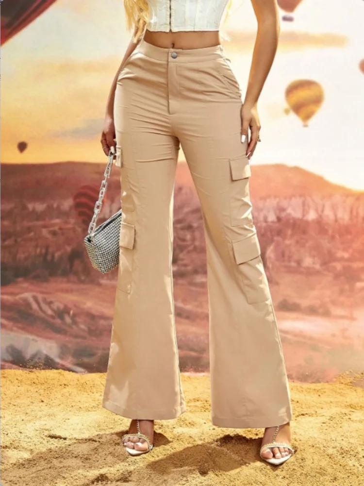 D&M Stylish High-waist cargo Pants Women's High Waist Wide Leg Pants with Pockets for Casual Beach Streetwear Wide-leg Pants