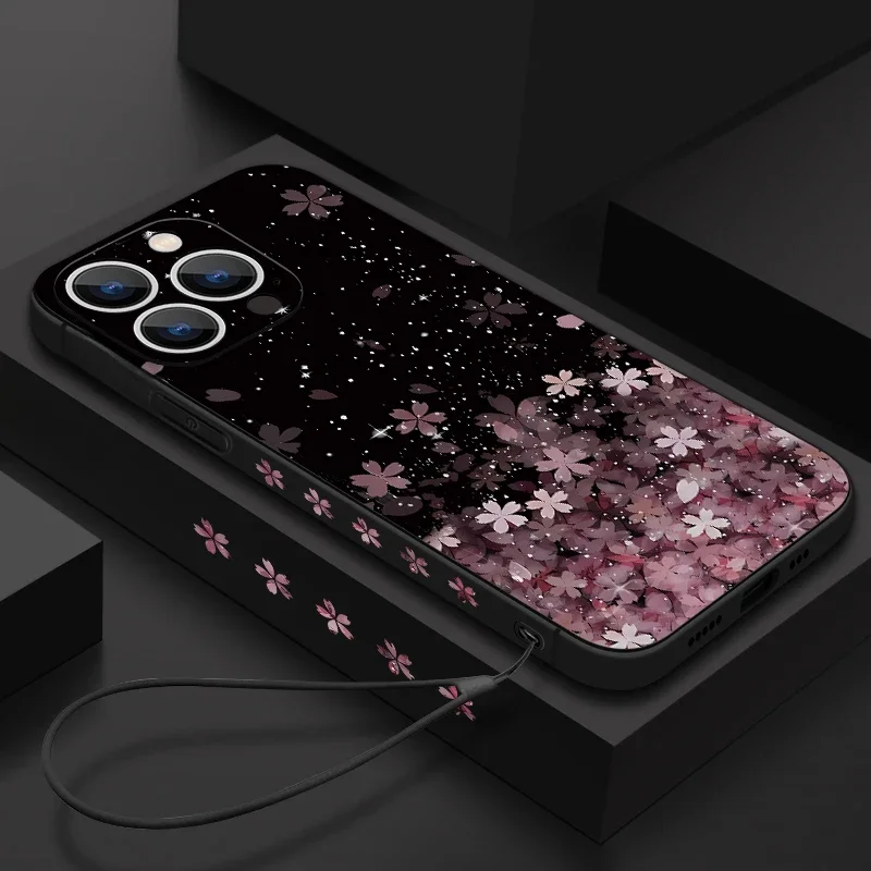 Coque de luxe avec lanière imprimée Sakura, étui souple pour iPhone 15 14 Pro Max, iPhone 11 12 13 16 Pro Max SE 2022 16e 17 Air