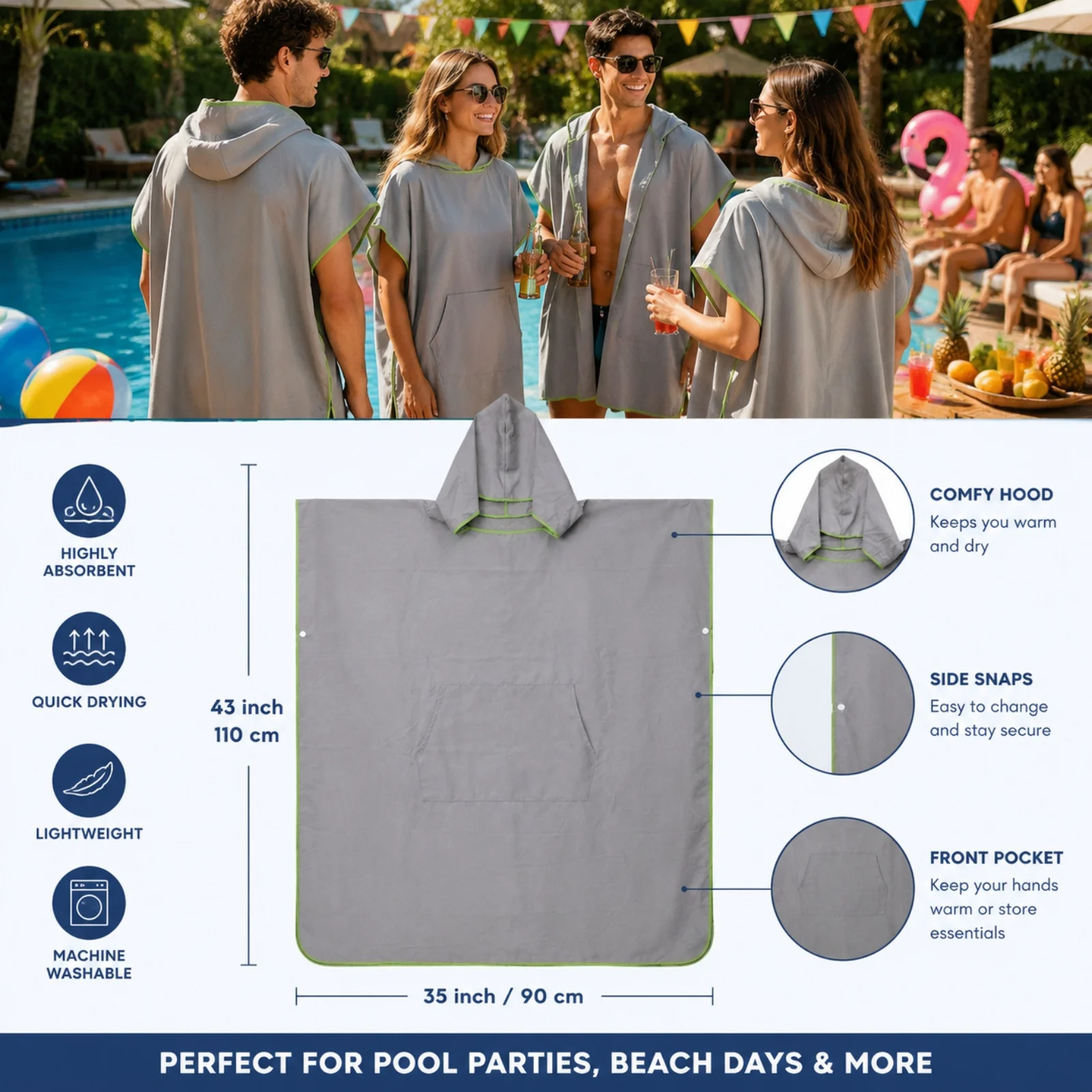 Lightweight Absorbent Hooded Surf Poncho Towel Adult Changing Robe with Pocket Side Snaps Machine Washable Swim Cover‑Up for Bea