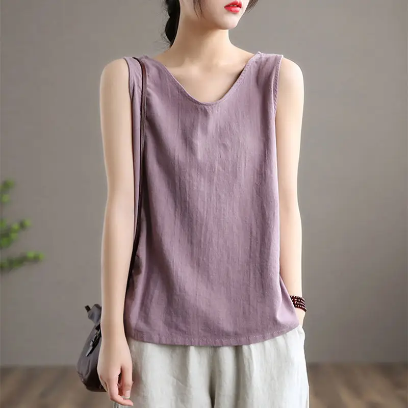 2022 new Women Summer New Fashion Cotton Linen Loose Tops Vest Sleeveless O-neck Solid Beach Tops Tanks Casual Shirt Running gym