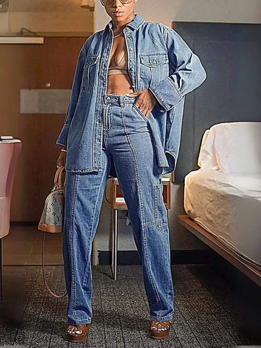 【HME】Jeans | Vertical Seam Side Cargo Pocket Denim Pants, High Waist Straight Leg Denim With Structured Light Wash Fabric, Classic Five-Pocket Utility Style, Versatile Pants For Women Daily Commute & Denim Co-ord Outfits