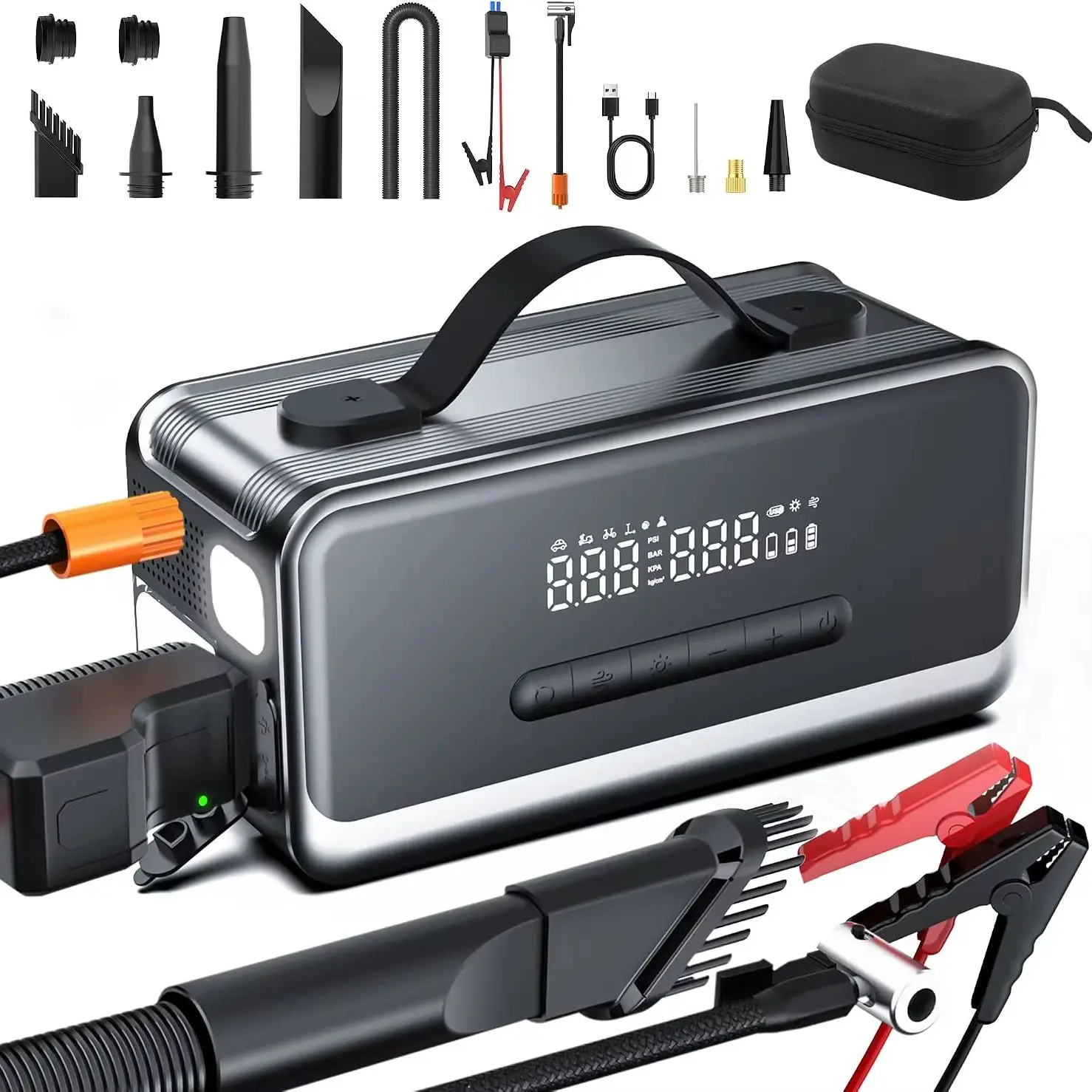 8-in-1 Tire Inflator & Jump Starter, Portable Air Compressor, Vacuum Cleaner, Blower, LED Light for Car Bike Motorcycle Balls