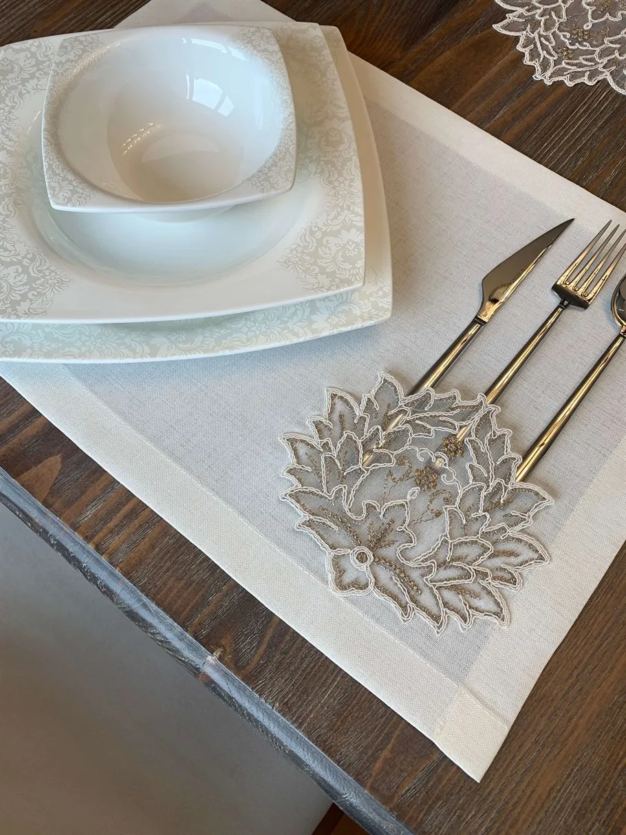 12 Pieces Pera Model Ranırlı Placemat Color+ Placemat AMERICAN SERVICE LINEN EFFECT EMBROIDERED LISA Placemats Embroidery Linen