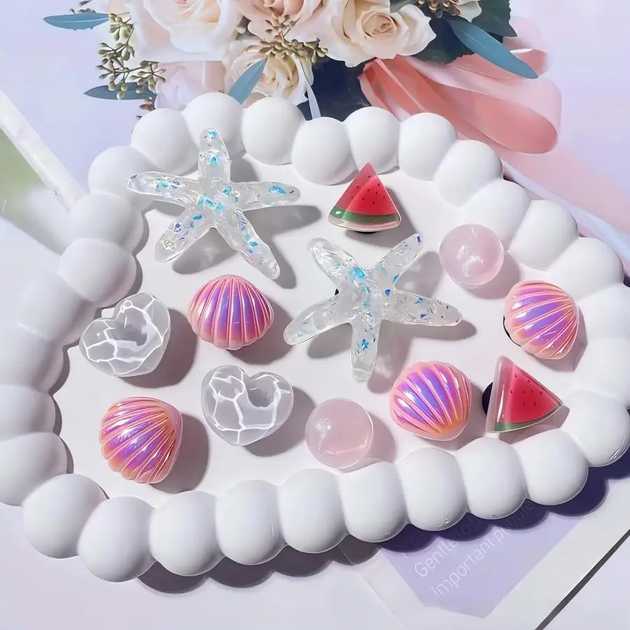 12pcs Pink Summer Shoe Charms Starfish, Shell, Wave, Heart Gem Clips, DIY Decor for Sandals, Slippers, Beach Bags, Perfect Gift