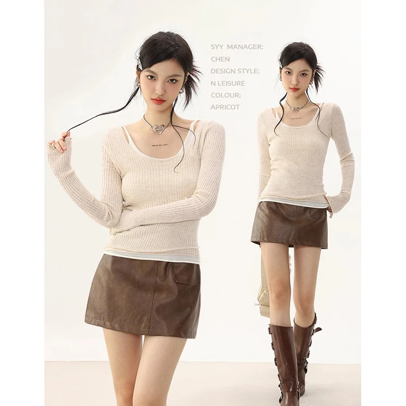 

Autumn New Knit Slash Neck Long Sleeve Tee Women Stretchy Fake Two Pieces Tops Slim Sweater Korean Fashion Pullovers