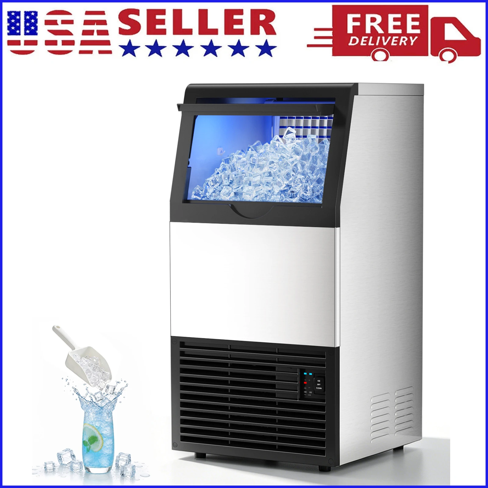 Commercial Ice Maker Machine, 100lbs/24H with 33lbs Ice Storage Under Counter Ice Machine, Stainless Steel Built-in Freestanding Ice Maker Self-Cleaning for Home Bar