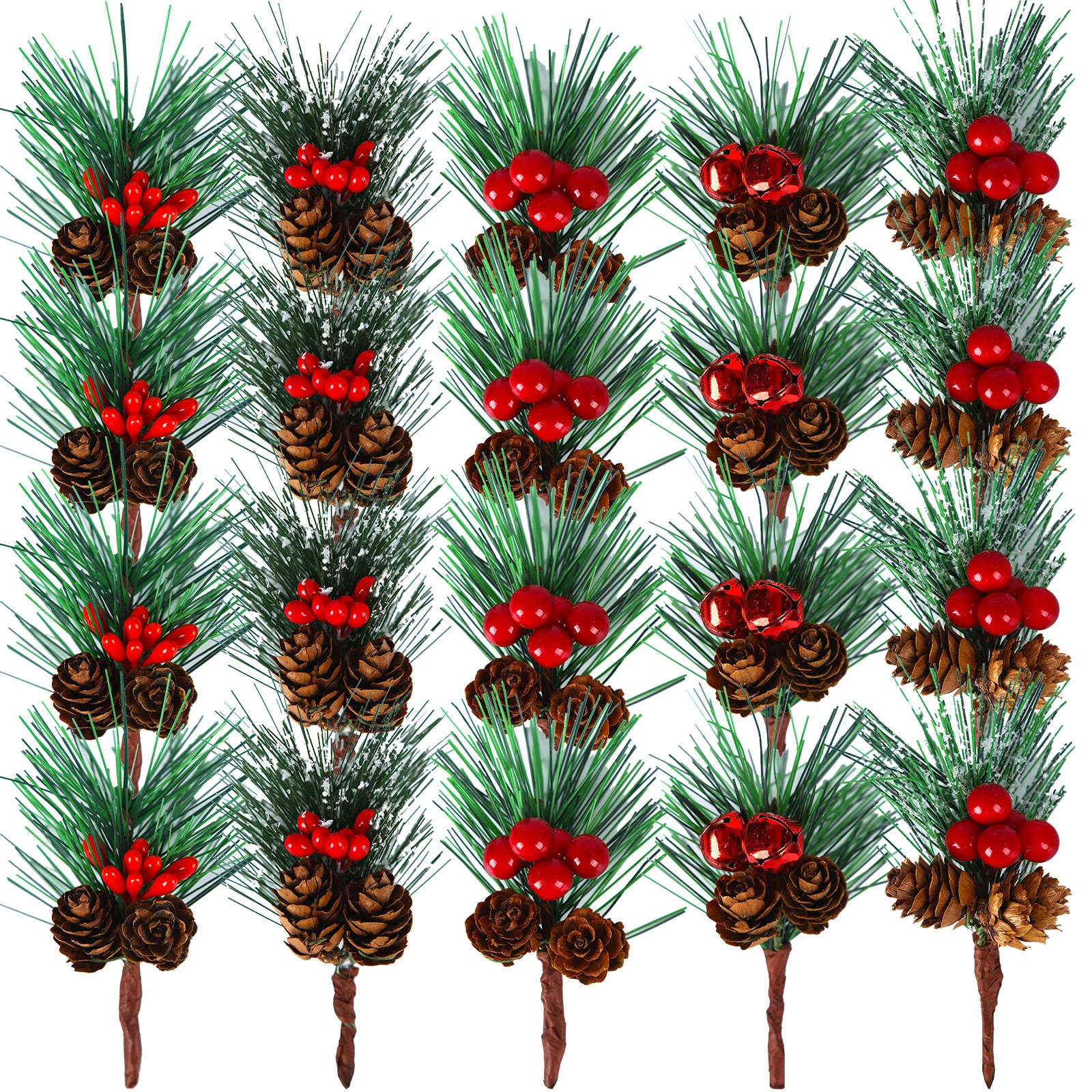 Artificial Pine Picks 20 Pcs Christmas Small Artificial Pine Tree Pine Branches with Berries Pinecones for Christmas Flower Arra