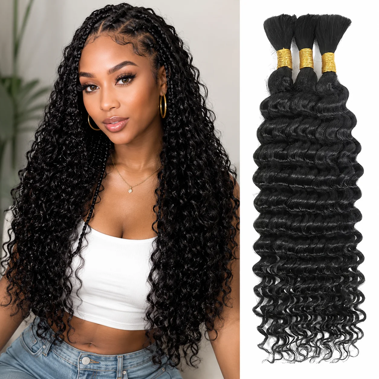 18-28 Inch Deep Wave Human Hair Bulks Natural Color Curly Extensions for Boho Braids 3 Bundles/Pack No Weft 100g