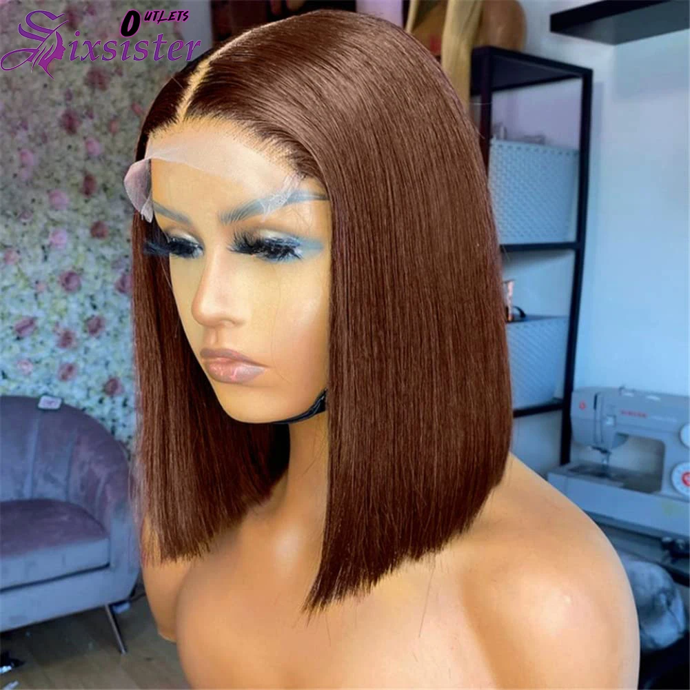 

#4 Chocolate Brown Straight Lace Frontal Bob Wig Human Hair 13x4 Lace Frontal Wig PrePlucked Brown Straight Natural Hair Bob Wig