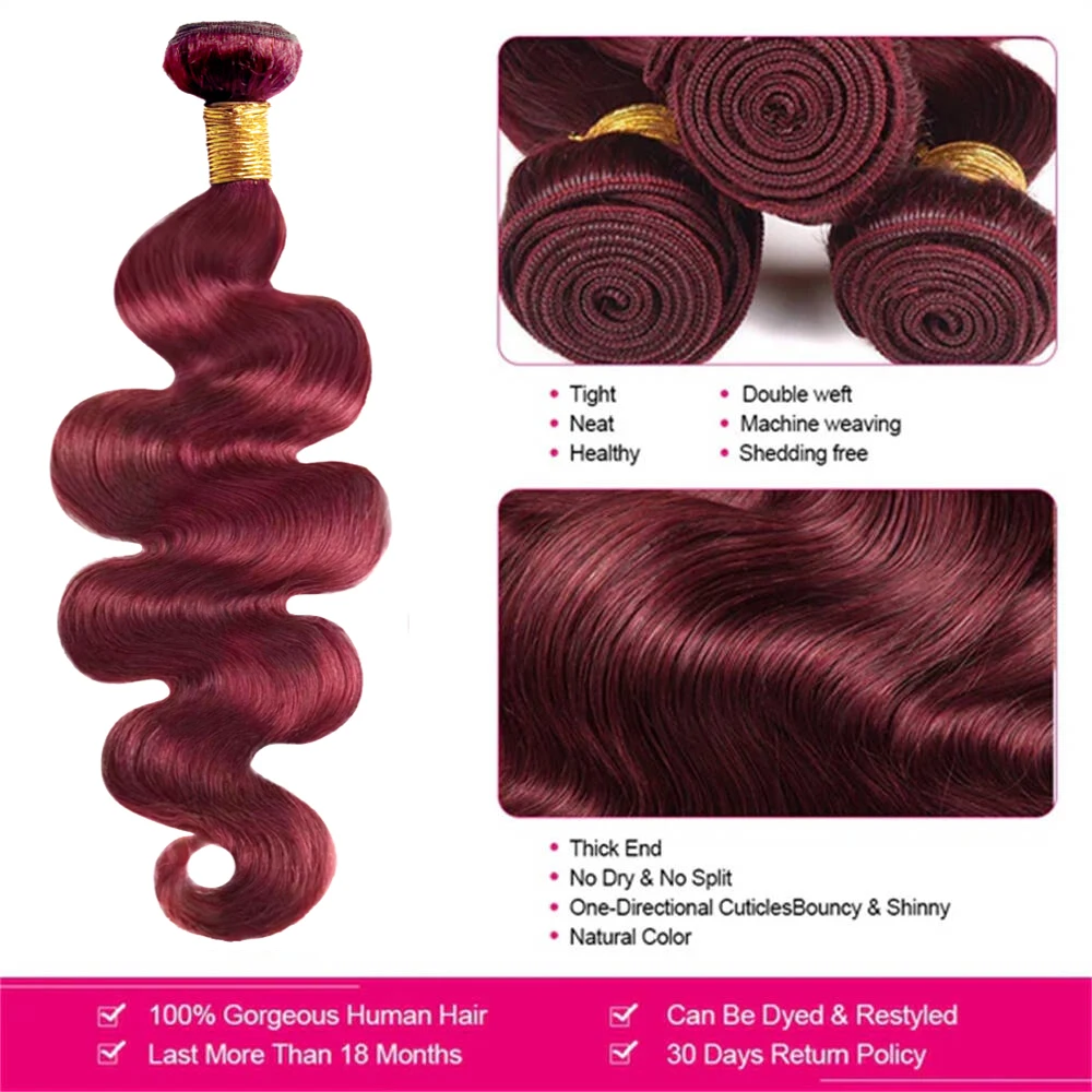 Borgonha Body Wave Bundles, extensões de cabelo humano, vermelho brasileiro colorido, 100% cabelo humano, Tissage, # 99j