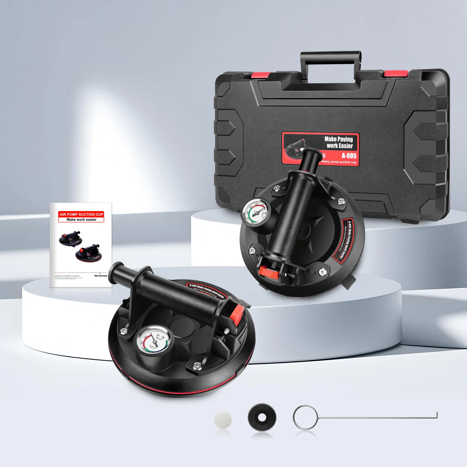 2-pack 8 inch vacuümzuignappen met manometer, zware vacuümspreider voor tegeladsorptie, graniet, glas, hijsen
