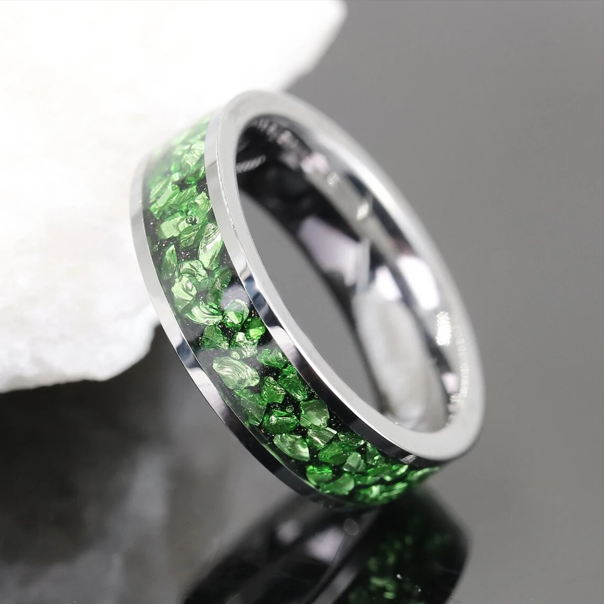 6MM Grüner Kristall-Wolframring für Herren, Anillos Bague Homme, Verlobungsring, Modeschmuck, Eheringe, Verlobungsringe – Detail 5