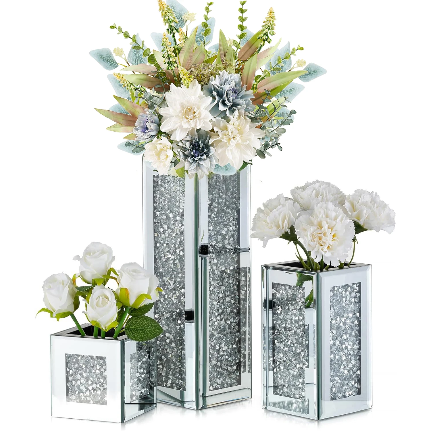 3pcs Diamond-Encrusted Mirrored Vase Set | Elegant Square Design for Flower Arrangement or Decorative Display, Enhances Luxury