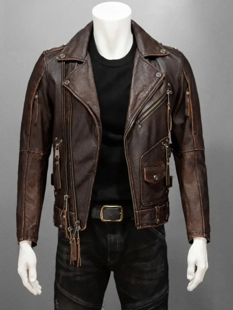 Męska kurtka z prawdziwej skóry bydlęcej Streetwear Punk motocyklowy krótki płaszcz jesienny zamek błyskawiczny Slim Vintage kurtka pilotka rozmiar 5XL 6XL — zdjęcie 2