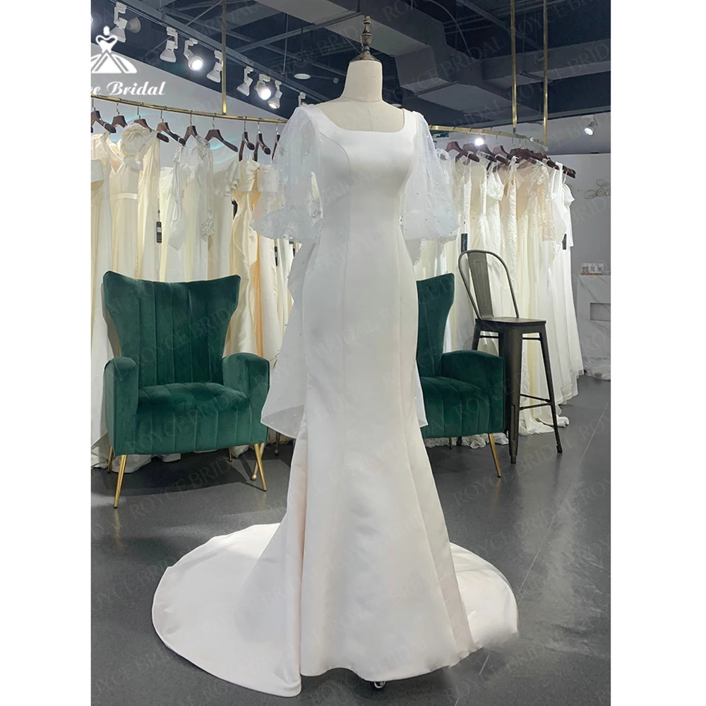 Playful Cute Bow Satin Wedding Dresses 2023 Square Collar Peals Puff Sleeve Mermaid Backless Beach Bride Dress Vestido De Noiva