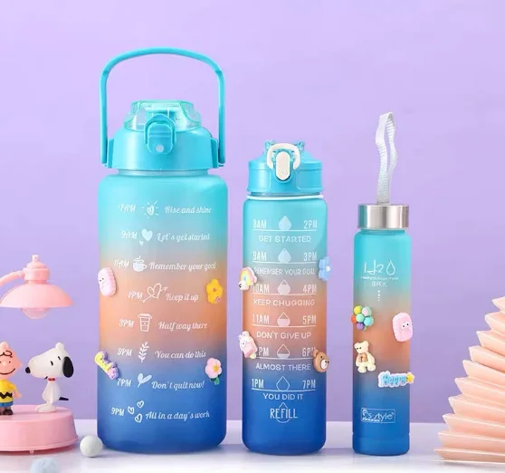 Kit botol air Remas motivasi dengan stiker, Kit botol air Remas 300ML + 900ML + 2000ML