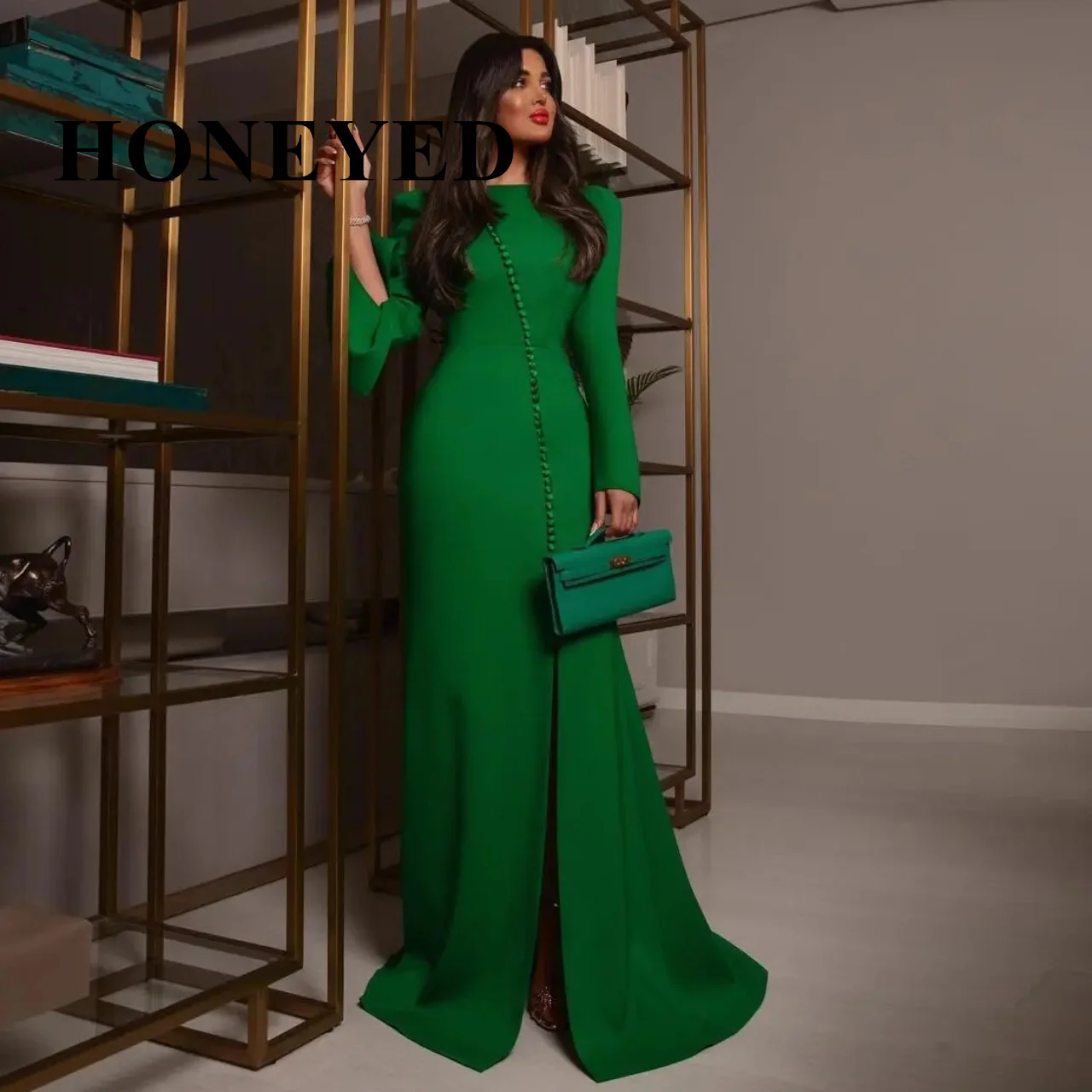 HONEYED 2023 O-neck Mermaid Green Prom Dresses Long Sleeves Floor Length Special Occasion Vestidos De Fiesta  Evening Dress