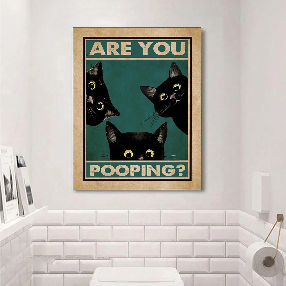 Are You Pooping Bathroom Poster Funny Bathroom Sign Canvas Print Cute Black Cat Quote Art for Painting Wall Picture Toilet Decor