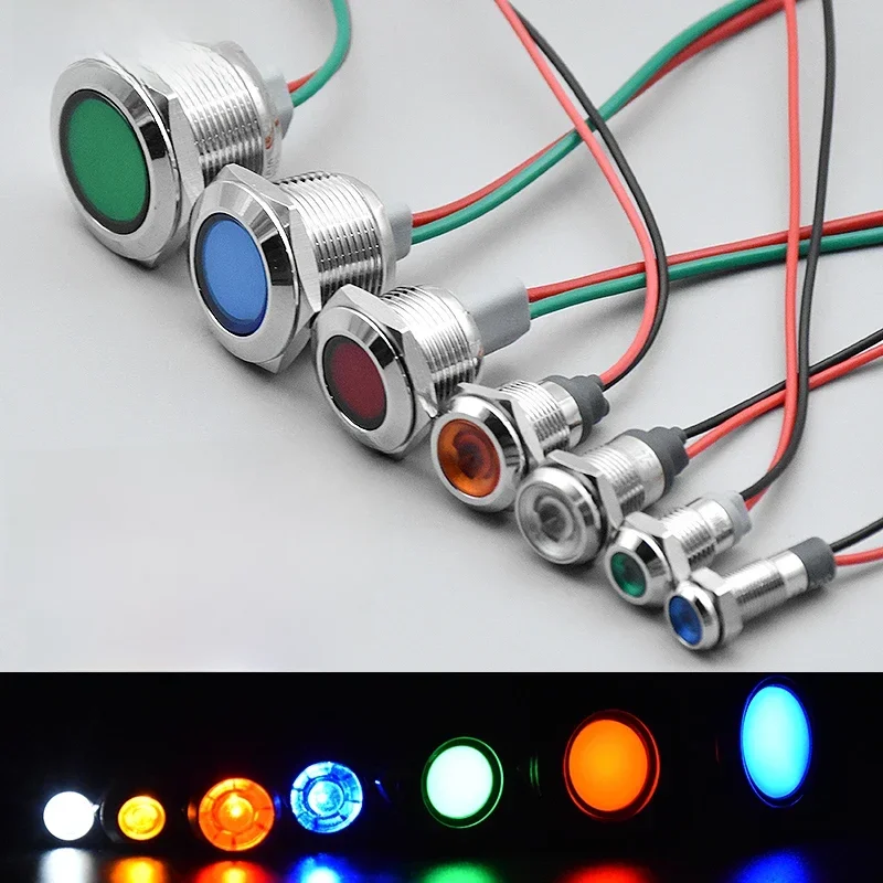 1pc 6mm 8mm 10mm 12mm 16mm étanche IP67 métal indicateur d'avertissement LED Signal lumineux lampe fil pilote 3V 5V 12V 24V 110V 220V