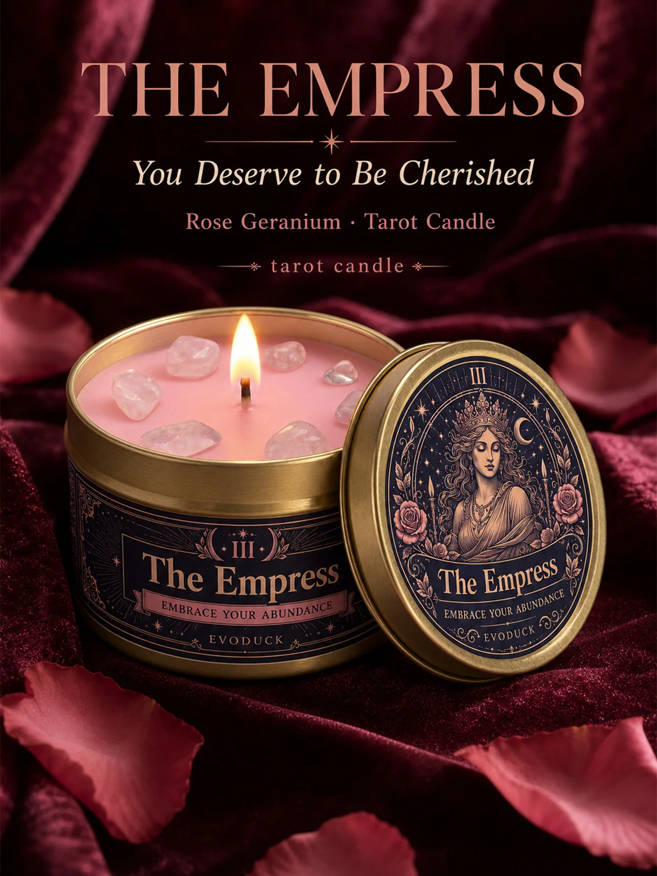 EVODUCK The Empress Tarot Candle, Rose Geranium Scented Candle with Rose Quartz Crystal Stones, Pink Wax Gold Tin, You Deserve To Be Cherished Spiritual Ritual Candle for Meditation, Self Love Feminine Decor, Mother's Day Birthday Gift for Women Her
