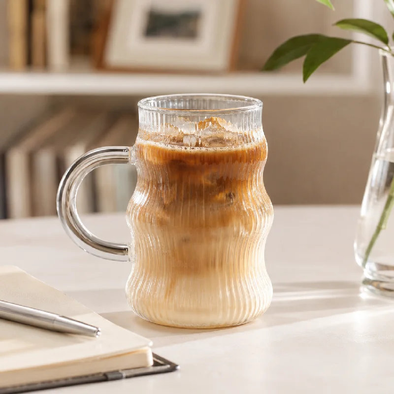 2/4PCS 500ml Large Capacity Wavy Ribbed Glass Cup with Handle Heat and Cold Resistant Perfect for Iced Coffee Milk Tea and Juice