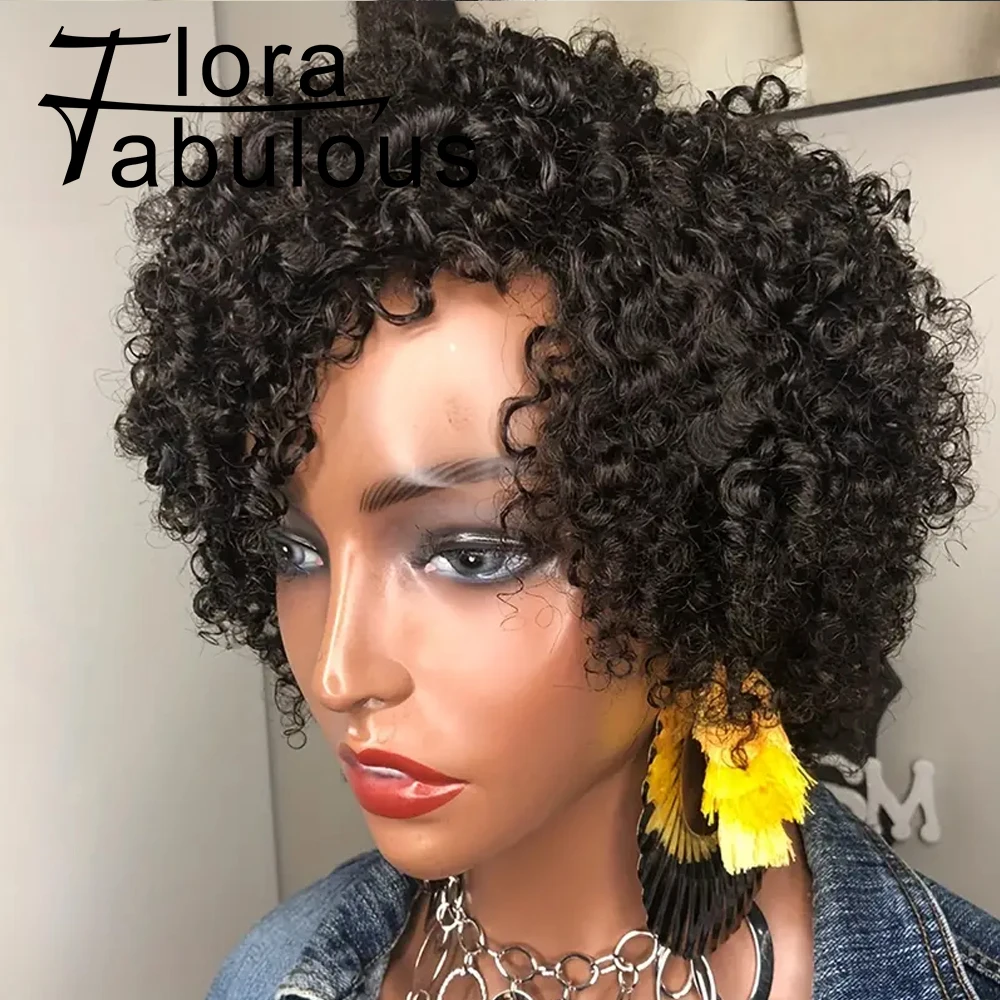 Curto encaracolado Pixie corte perucas de cabelo humano para mulheres negras, máquina feita, parte lateral, profundo, sem cola, cabelo remy