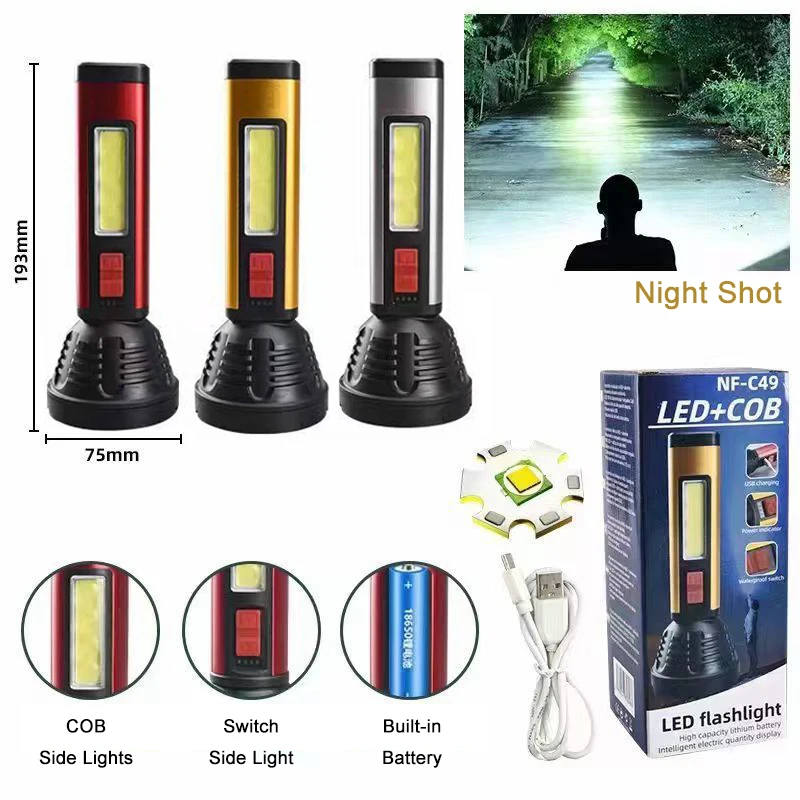 LED Flashlight Super Bright COB Outdoor Portable USB Rechargeable Strong Light Torch Lantern Waterproof Hiking Camping Flashligh