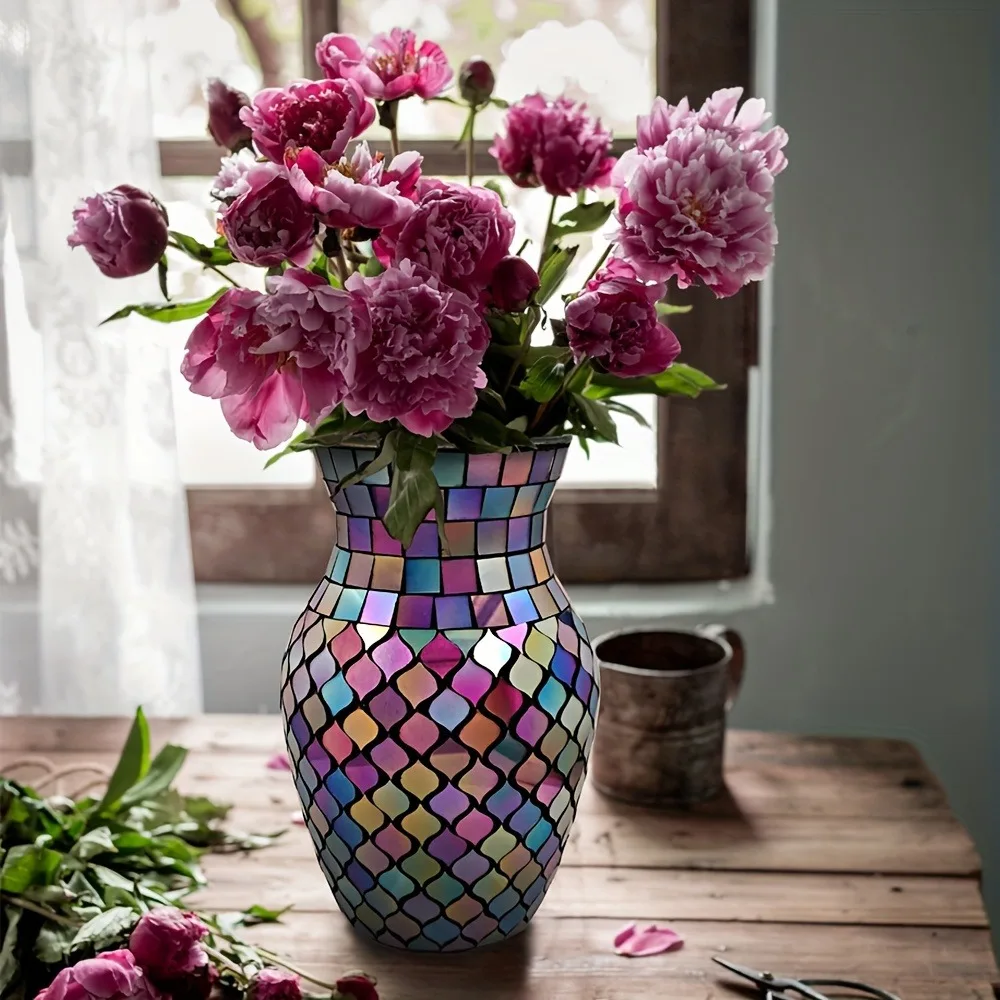 Handmade Purple Mosaic Glass Vase Modern Home Decor Vase for Living Room Bedroom Indoor Outdoor Wedding Centerpiece Tabletop