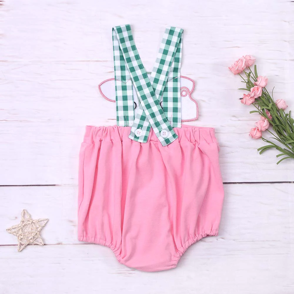 2023 Fashion New Summer Green Lattice Sleeveless Baby Girl Jumpsuit Cow Embroidery Pink Bodysuit  One-Piece Clothes