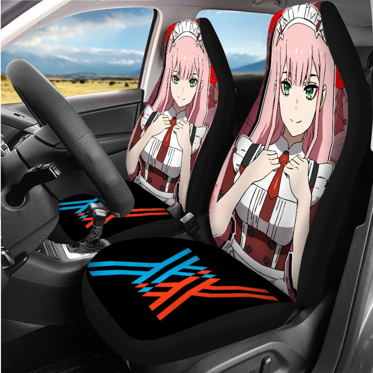 Universal Car Seat Covers Zero Two Darling in The Franxx Anime Steering Wheel Cover Protect Neck And Shoulder Safety Belt Covers