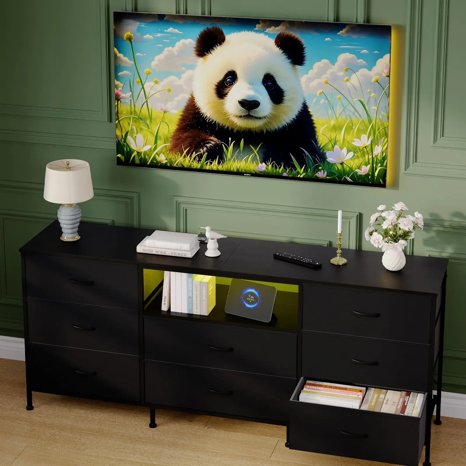 Armoire TV LED de 160 cm avec 8 tiroirs en tissu, meuble TV avec rangement pour téléviseur de 165 à 190 cm, structure en acier robuste et éclairage LED intégré, meuble de salon et de chambre, noir