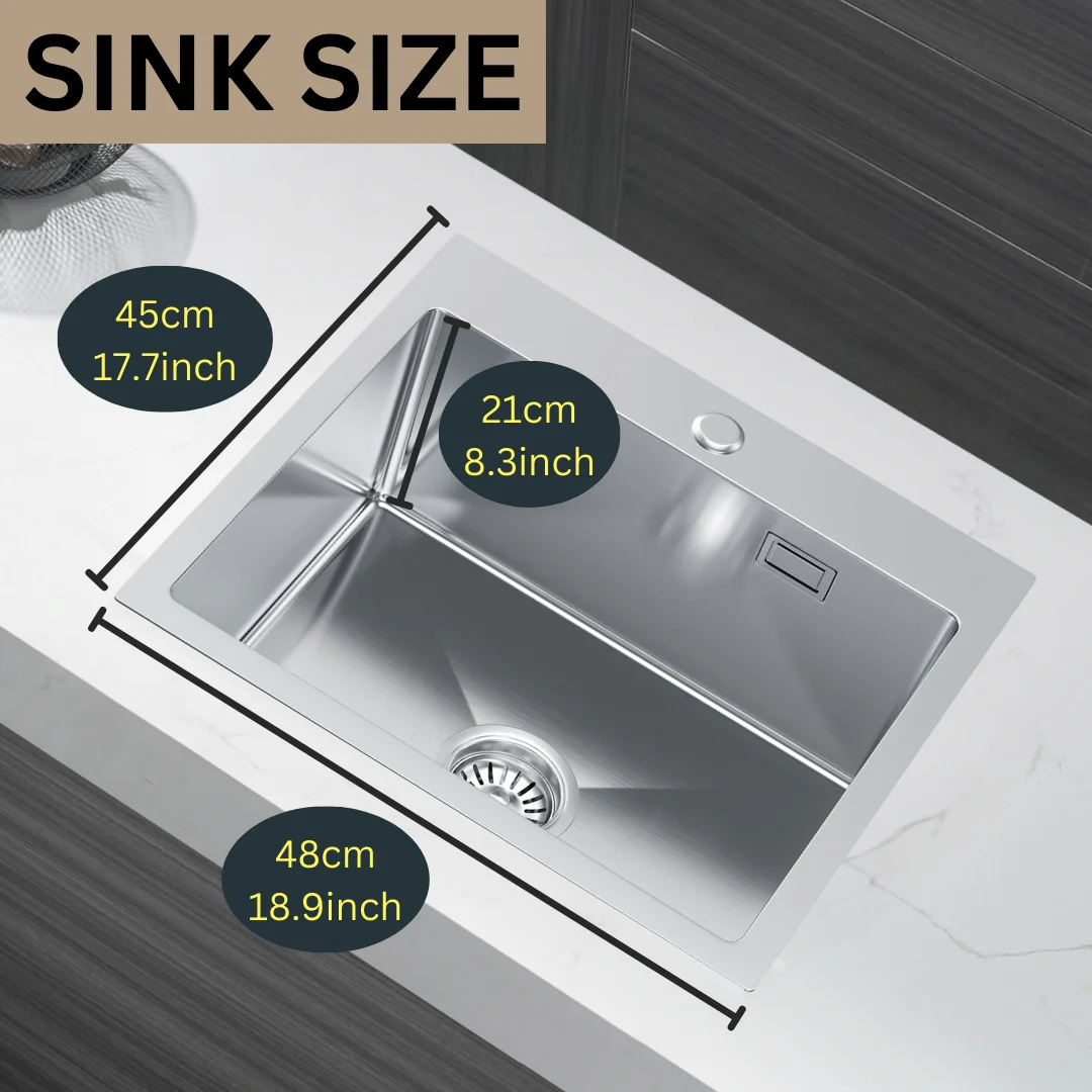 حوض مطبخ ستانلس ستيل 48 × 45 سم وعاء واحد مع فتحة صنبور، طقم تجاوز وصرف، حامل علوي، سهل التركيب، سهل التركيب