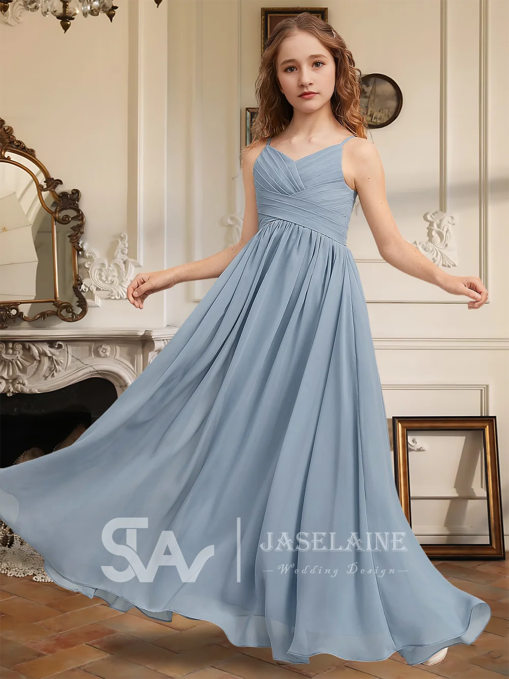 

A Kids A-Line V-Neck Floor-Length Chiffon Junior Bridesmaid Dress Flower Girl Dress Spaghetti Straps Girls Party Formal Wedding