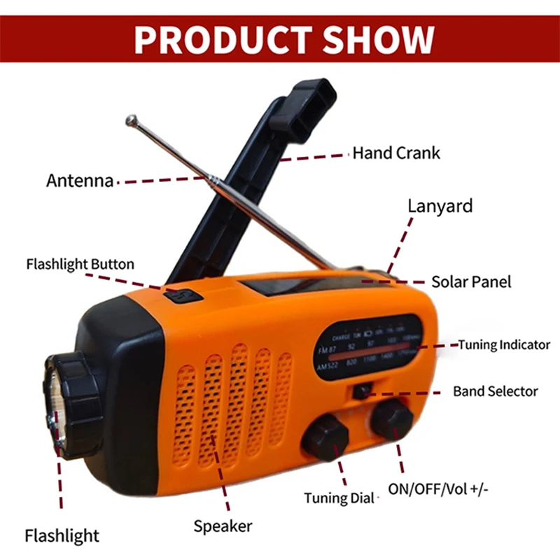 Portable Emergency Hand-Crank Radio, Solar-Powered AM-FM Radio with Flashlight, USB Rechargeable, Suitable for Camping, Hiking,