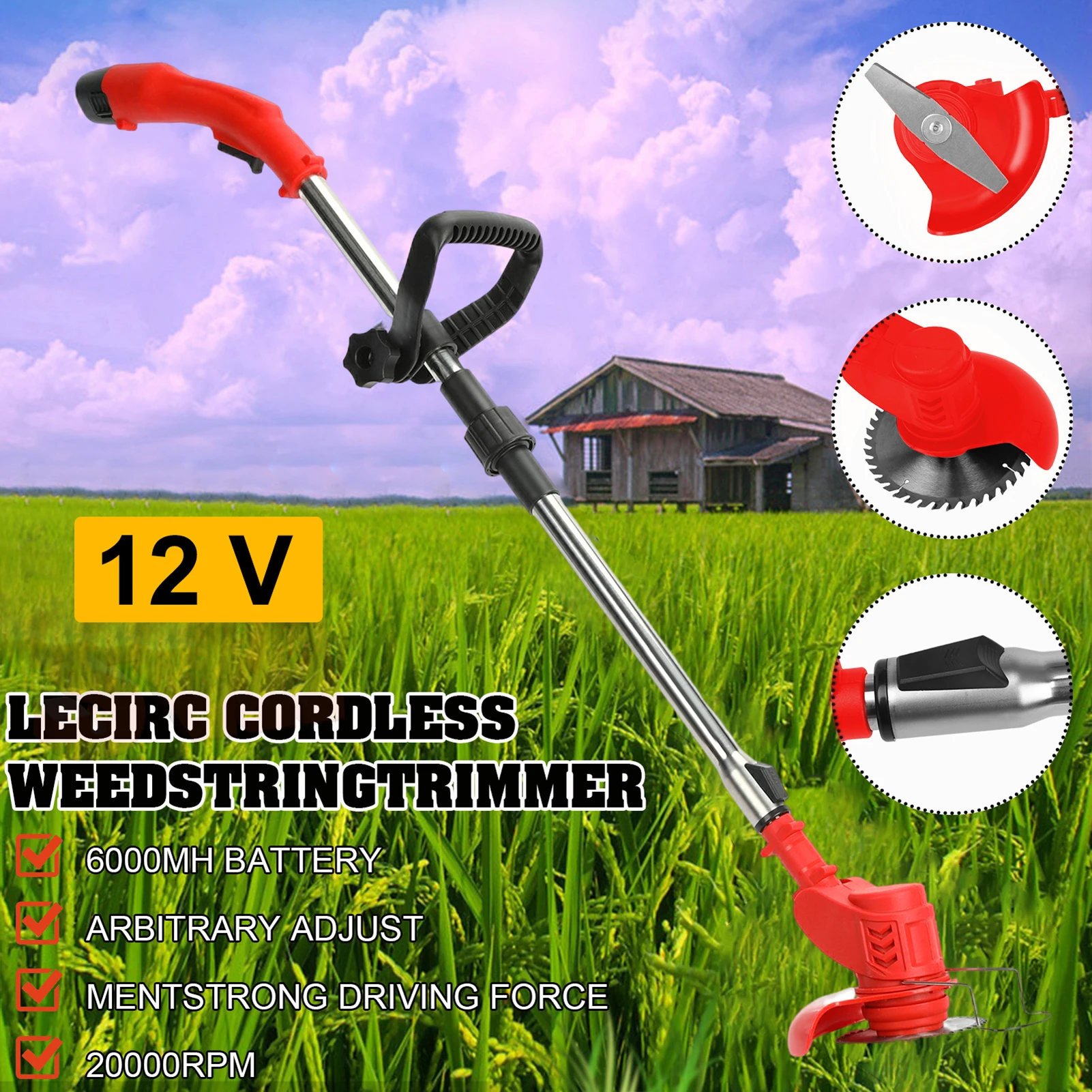 12V 2000mAh 2Batteries 1Charger Lawn Mower Telescopic Rod Anti-slip Handle Weed Trimmer Cordless Electric Weed Lawn Eater Edger