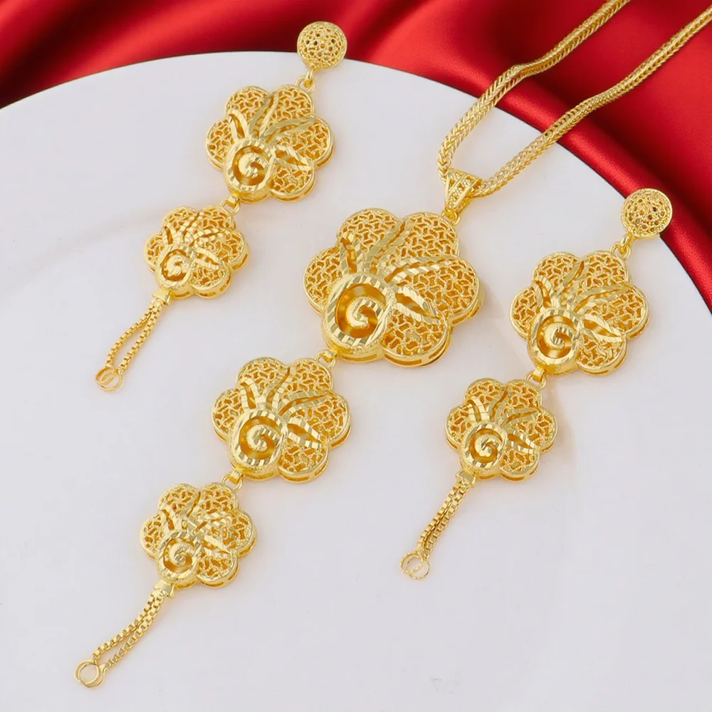 

Luxury Earrings Necklace Jewelry Sets For Women Indian Dubai Gold Color African Arabic Wedding Bridal Party Gifts Accessories