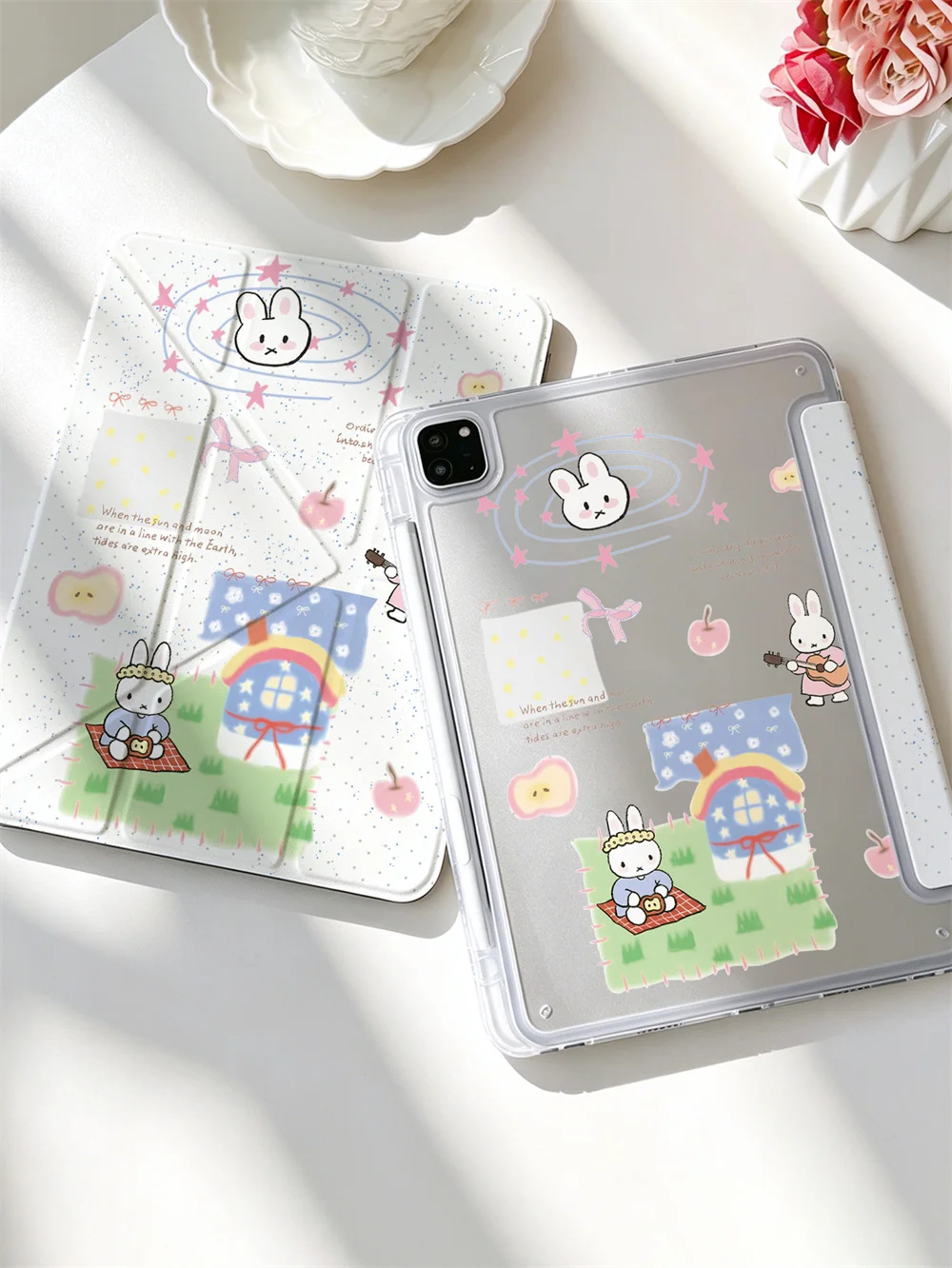 Kawaii Miffy Cottage Picnic Sticker Print Crystal Clear Y-fold Double-sided Print Case For iPad Pro 11 Air4 Air5 10 Gen With Pen