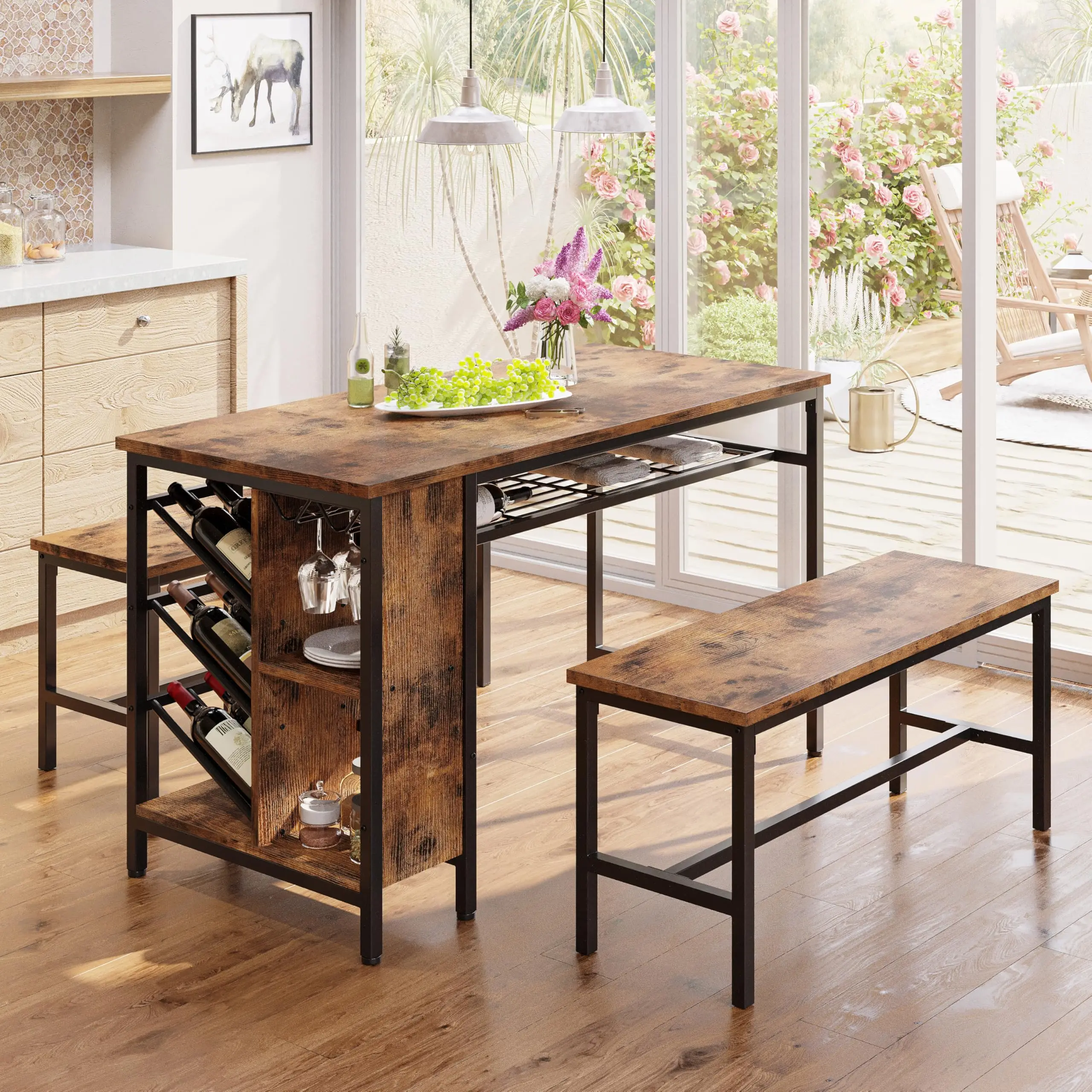 IRONCK 3-Piece Dining Table Set, Kitchen Table with 2 Benches, Wine Rack and Glass Holder, Space-Saving Dinette, Vintage Brown