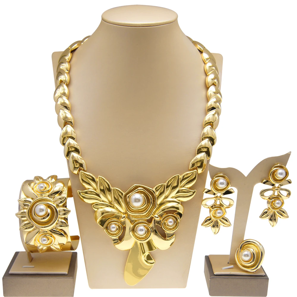 Womens Jewelry Set Gold Plated Necklace Earrings Ring Bracelet Fashion Accessories  to Nigeria Wedding Jewelry