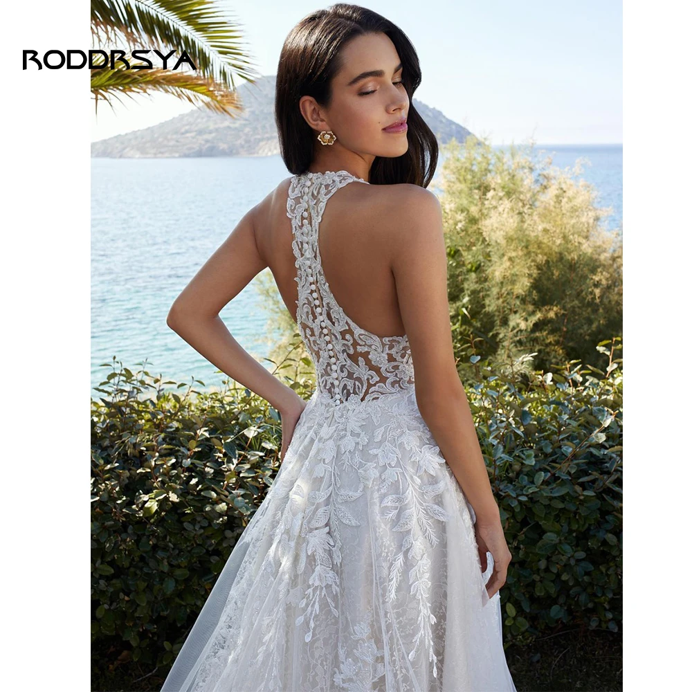 RODDRSYA-vestidos De novia De línea a sin mangas, ropa Sexy con cuello en V, Apliques De encaje De ilusión sin espalda, Vestido De tren De barrido De novia