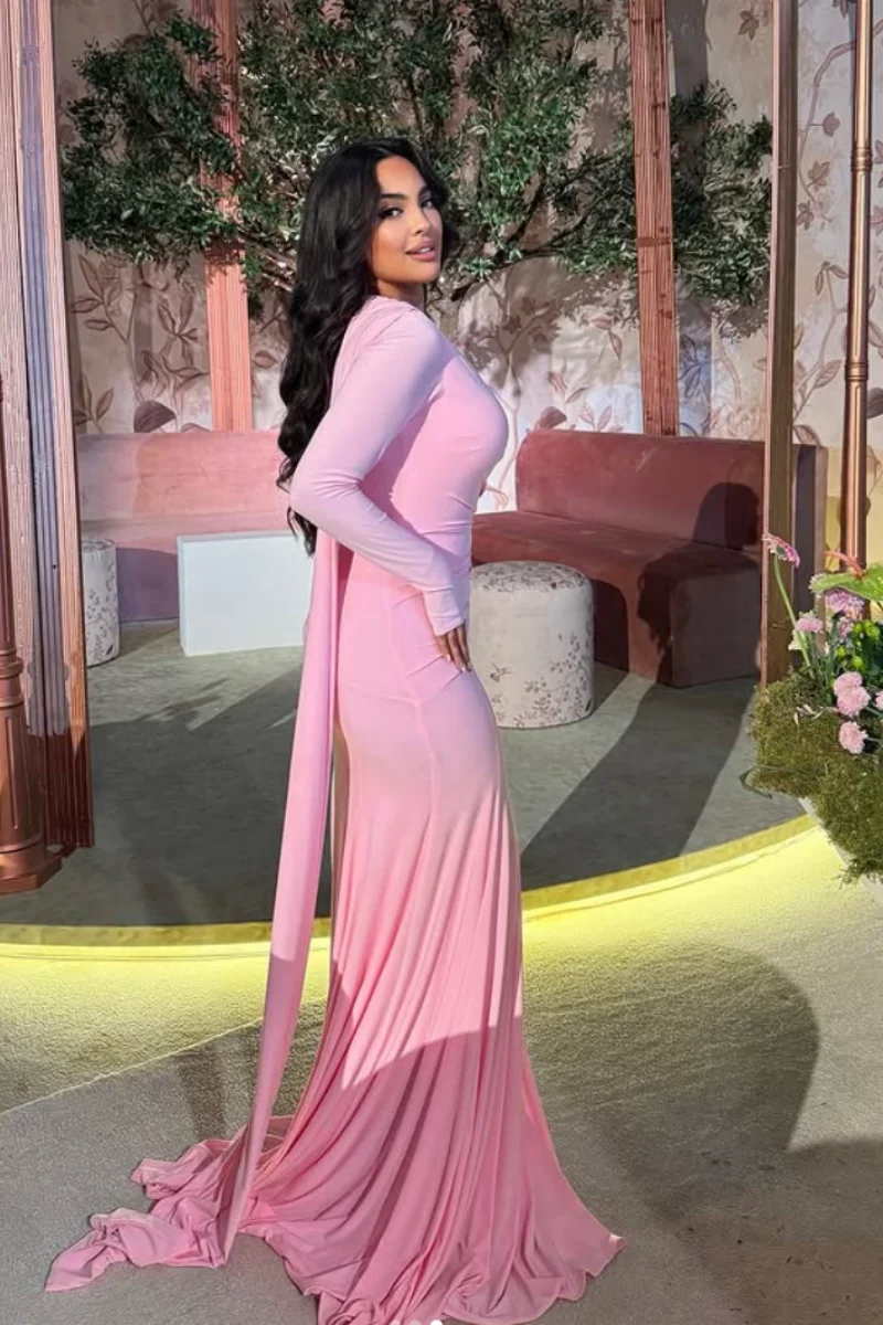 Jessica High Collar And Long Sleeves Evening Dresses Pink Elegant Lady Prom Dresses Special Occasions Party Dresses Customized