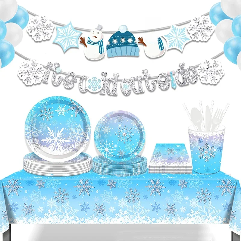 Assiettes à neige bleues pour filles, flocon de neige bleu, poulet britannique, serviettes standards, joyeux Noël, thème de la neige, fournitures de fête d'anniversaire