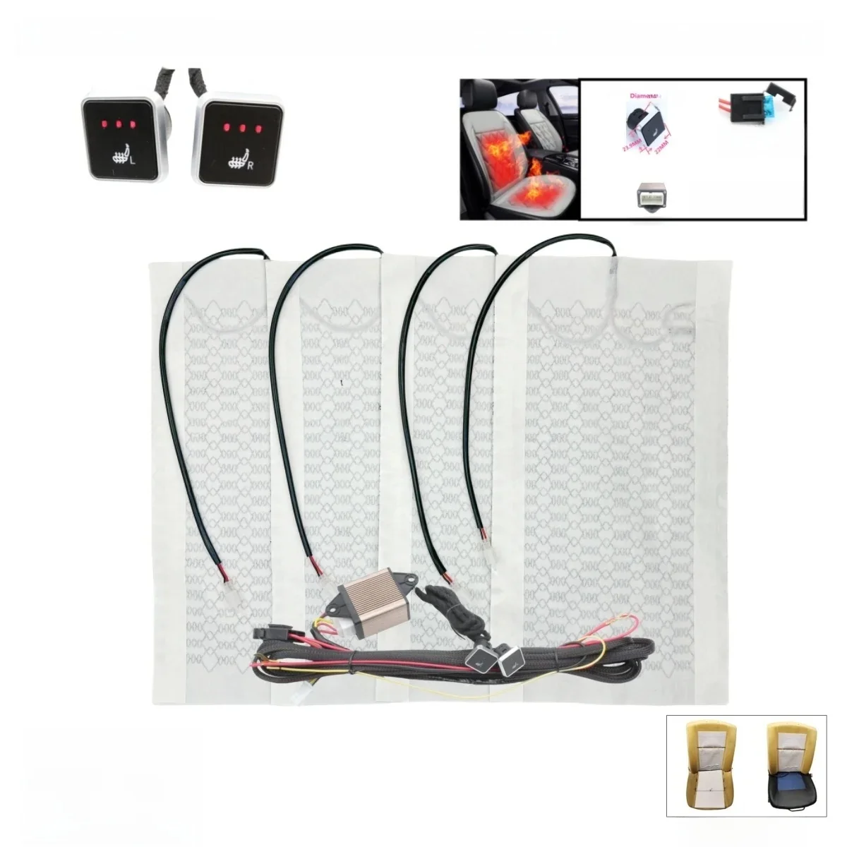 12V Universal Built-In Car Seat Heater Kit Fit 2 Seats Carbon Fiber Heating Pads 3 Levels Dual Control Heated Switch System